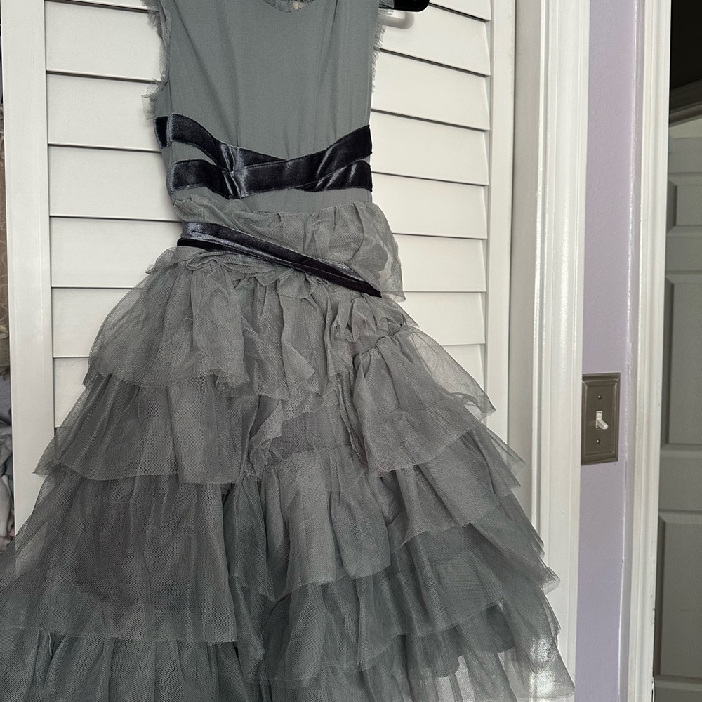 Elegant Dusty Blue Tulle Dress with Velvet Accents